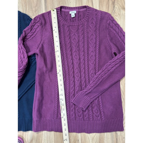 L.L.Bean Fisherman Cable Knit Sweater SET/2 Womens L Crewneck Navy Purple Cotton - Picture 10 of 13
